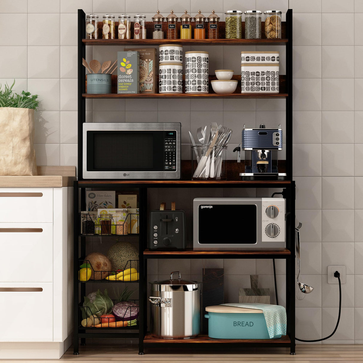 Chnnmbrn Kitchen Bakers Rack with Baskets and Power Outlet,5-Tier Kitchen Utility Storage Shelf with Hooks, Microwave Oven Stand Rack,Vintage Brown Free Standing Kitchen Shelf (Brown) Chnnmbrn