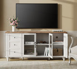 WAMPAT 4-Door Farmhouse TV Stand for TVs Up to 75 inch, Glass and Wood Universal TV Stand with 4 Storage Cabinets, White Entertainment Center for 32-75 inch TV Console Table，White WAMPAT