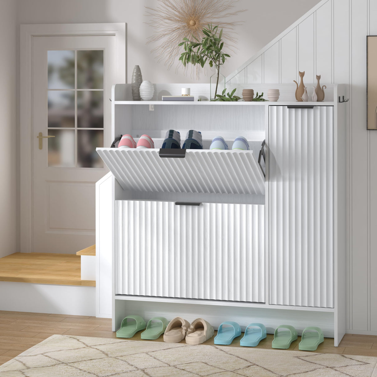 Piskyet Shoe Storage Cabinet with 2 Flip Drawers and Boot Cabinet, Morden Fluted Narrow Shoes Rack Organizer for Entryway with Anti-tilt Device,Hidden Handles Piskyet