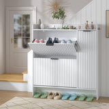 Piskyet Shoe Storage Cabinet with 2 Flip Drawers and Boot Cabinet, Morden Fluted Narrow Shoes Rack Organizer for Entryway with Anti-tilt Device,Hidden Handles Piskyet