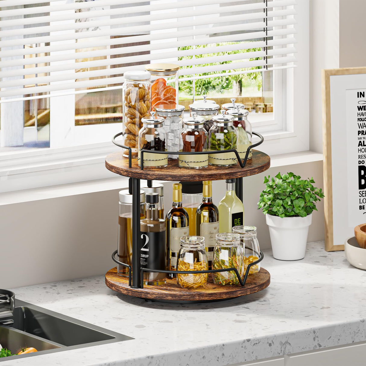 KLM 12" Wood Lazy Susan, Rotating Spice Rack, 2 Tier Spice Turntable Organizer, Industrial Turntable Spice Holder, for Kitchen Countertop and Cabinet, Compact and Versatile, Rustic Brown KLM