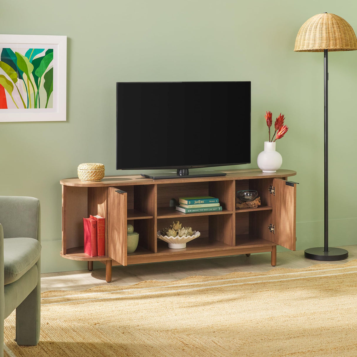 Walker Edison Chloe Curved Reeded TV Stand, Sliding Doors, 65 Inch, 60 inch, Mocha Walker Edison
