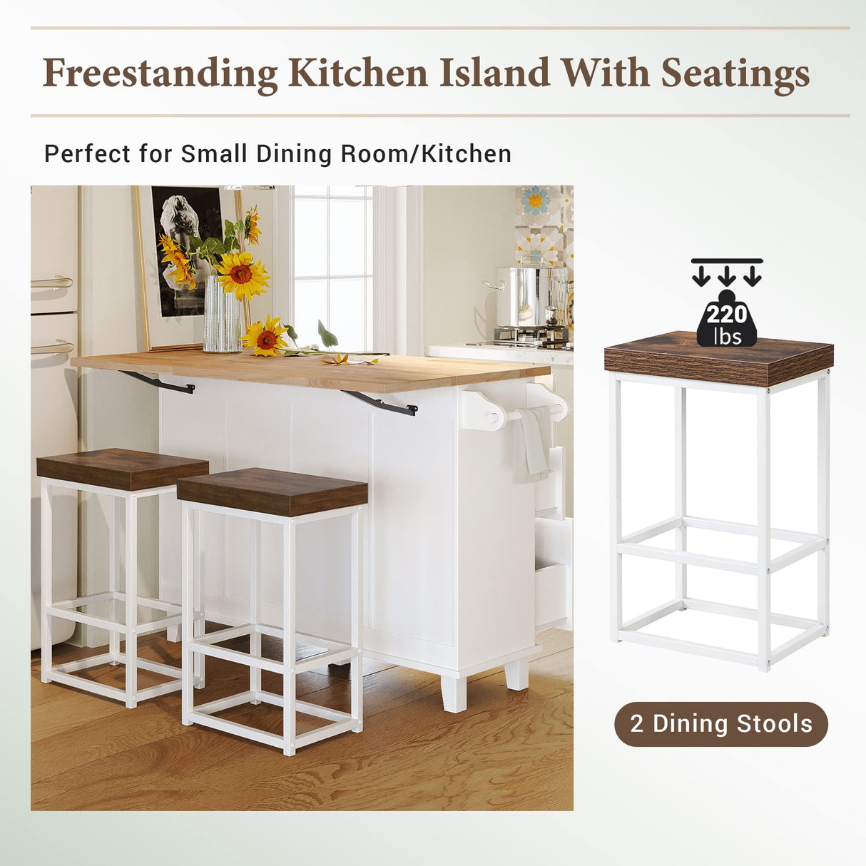 Merax Kitchen Island Set with 2 Stools, Solid Wood Dining Table with Drop Leaf Design, Storage Cabinet, Drawers and Towel Rack, 50.3" x 29.5", White Merax
