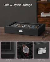 SONGMICS Watch Box, 24-Slot Watch Case, Lockable Watch Storage Box with Glass Lid, Gift Idea, Ink Black Synthetic Leather, Ink Black Lining UJWB024B02 SONGMICS