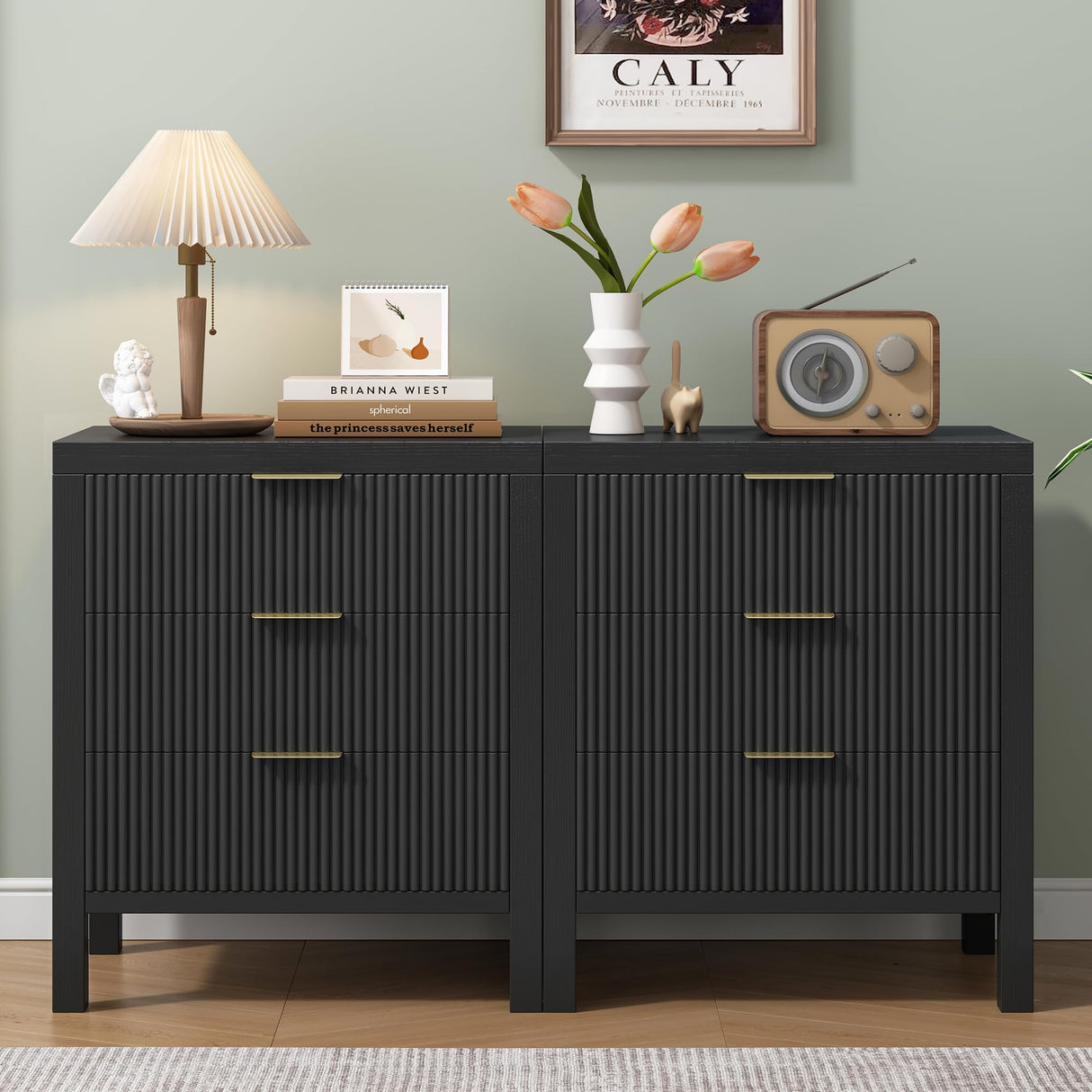 MJADUE Fluted Nightstands Set of 2, Wooden Farmhouse Night Stands with 6 Drawer Bedside Table - Boho Tall End Table Accent Table for Bedroom, Living Room, （Black 2PCS） MJADUE