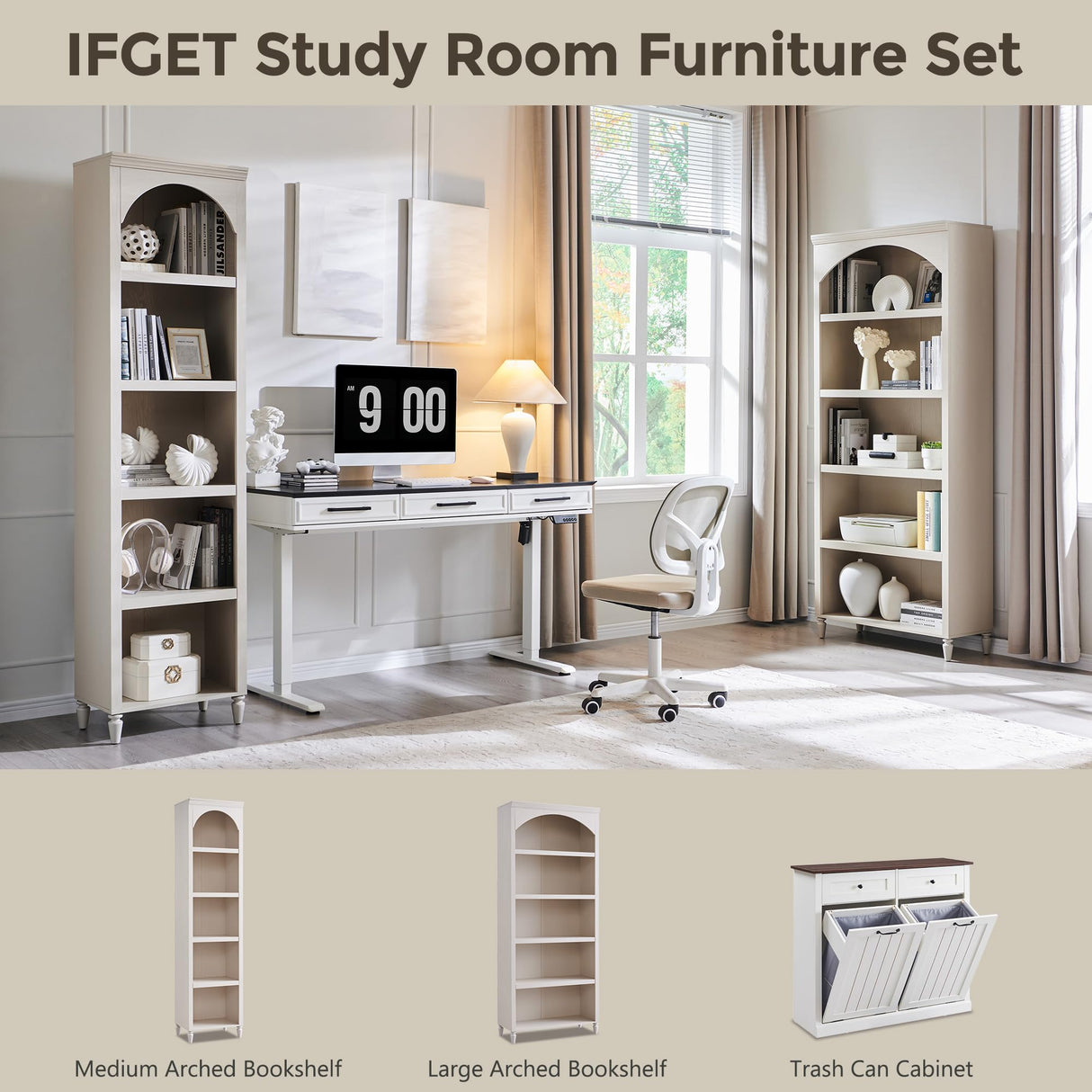 IFGET 76" Tall Arched Bookcase, Farmhouse 5 Tiers Narrow Arched Bookshelf Cabinet with Adjustable Shelves, Modern Wooden Book Shelf w/Storage and Open Display Shelves for Living Room, Office-Cream IFGET