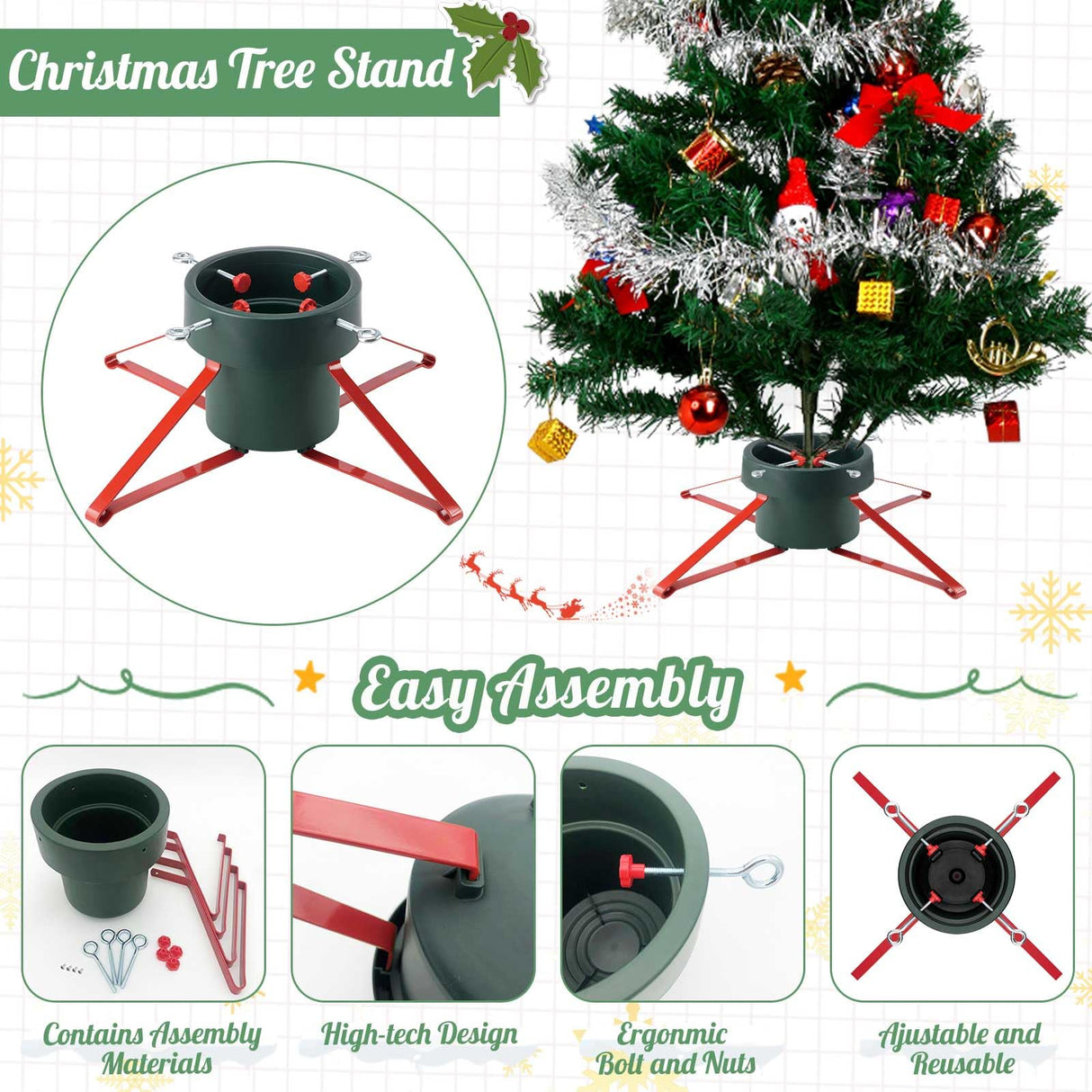 B-COOL Christmas Tree Stand for Real Trees: Xmas Base Holder With Adjustable Legs for Seasonal Displays, Home Decor Up to 7ft Tall, Green Red L B-COOL