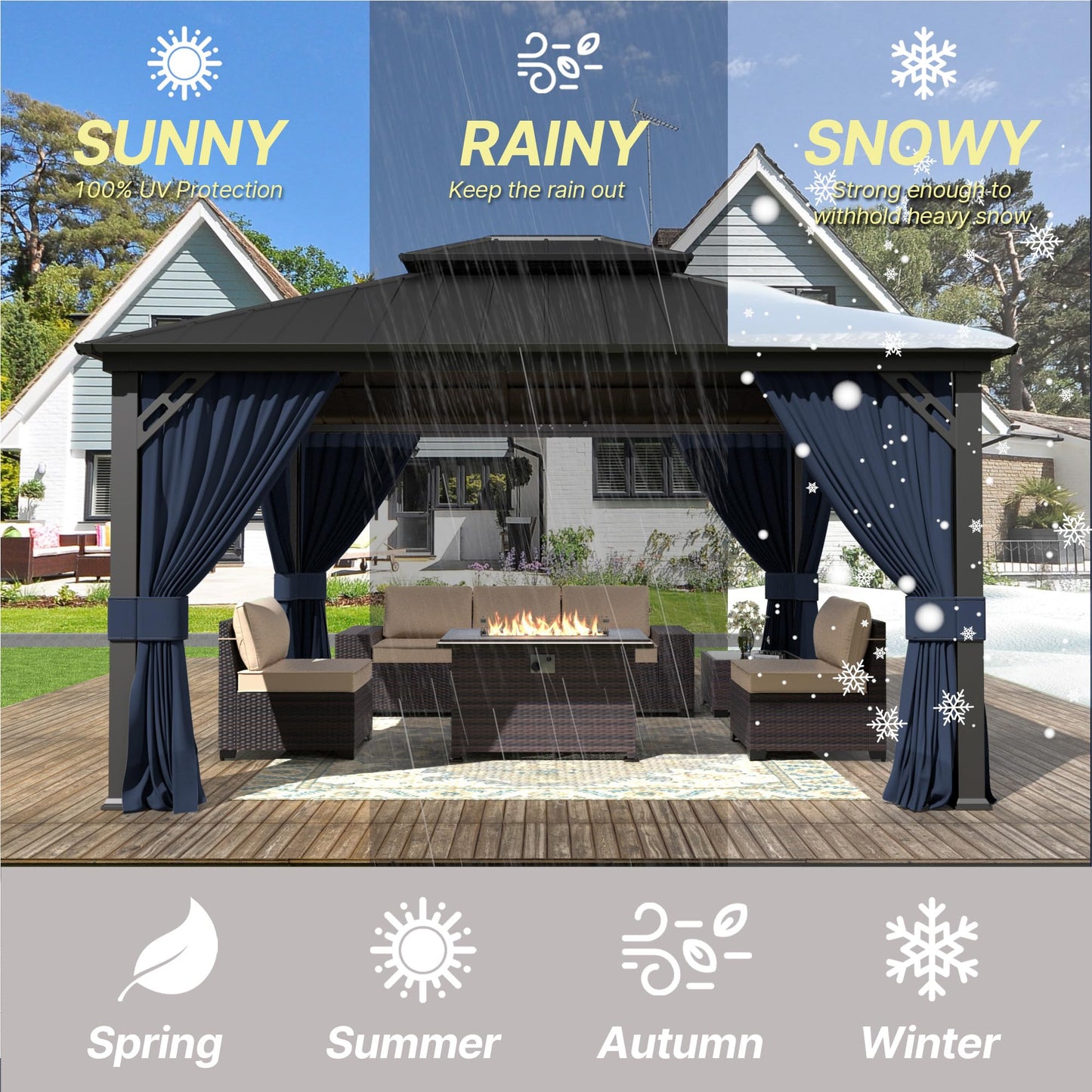 Gotland 2024 New 12' x 14' Hardtop Gazebo, Outdoor Iron Metal Double Roof Pergola with Curtains and Netting for Patio, Garden, Lawn, Navy - WoodArtSupply