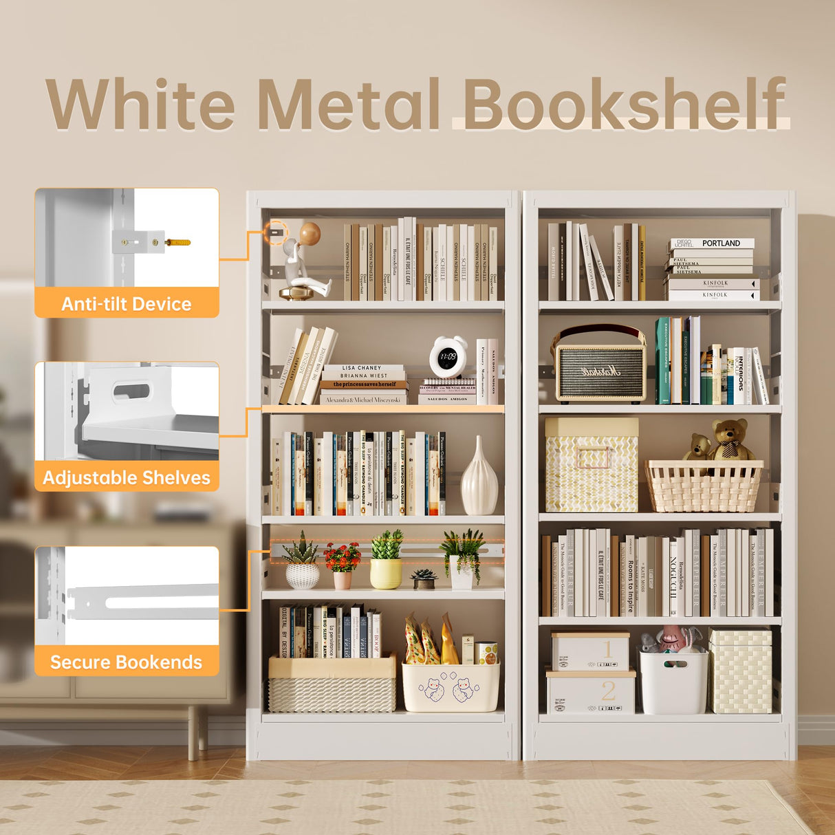 Jazipic 5-Tier Adjustable Bookcase, Heavy Duty Bookshelf with Book Stopper, Metal Bookcase for Library, Office, Living Room Jazipic