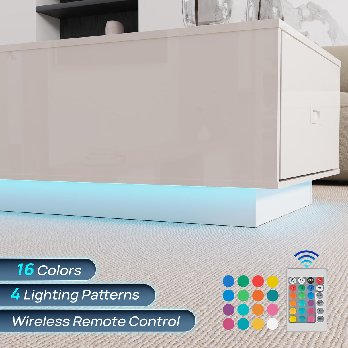 holzart 41" LED Coffee Table with 2 Drawers - High Gloss White Modern Table with Lighting for Living Room (41.33" W x 23.62" D) holzart