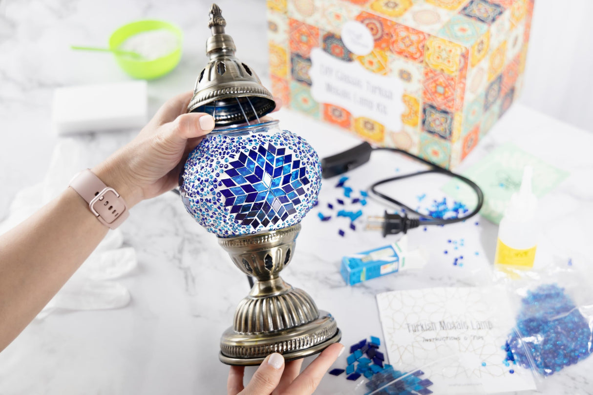 KRAFTSTORIES Turkish Mosaic Lamp Kit DIY Glass Decorative Table Bedside Night Light Tabletop for Living Room Bedroom | Make Your Own Lamp | Antique Bronze Base (Blue) KRAFTSTORIES