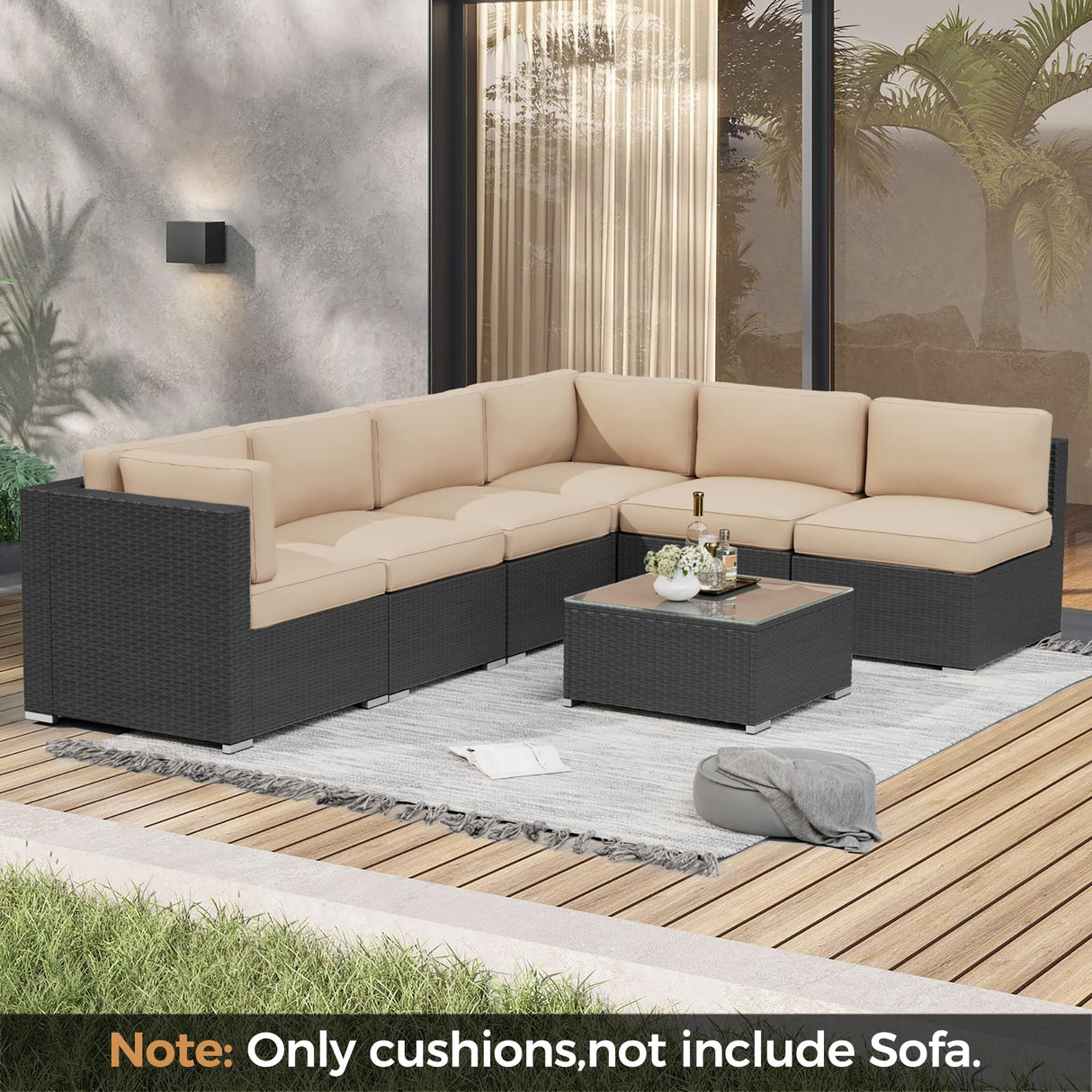Oakmont Outdoor Replacement Cushions for Patio Furniture,Water-Resistant Cushion for Patio Conversation Set,14-Piece Cushions for 6-seat Outdoor Sectional Sofa(Light Brown) Oakcloud