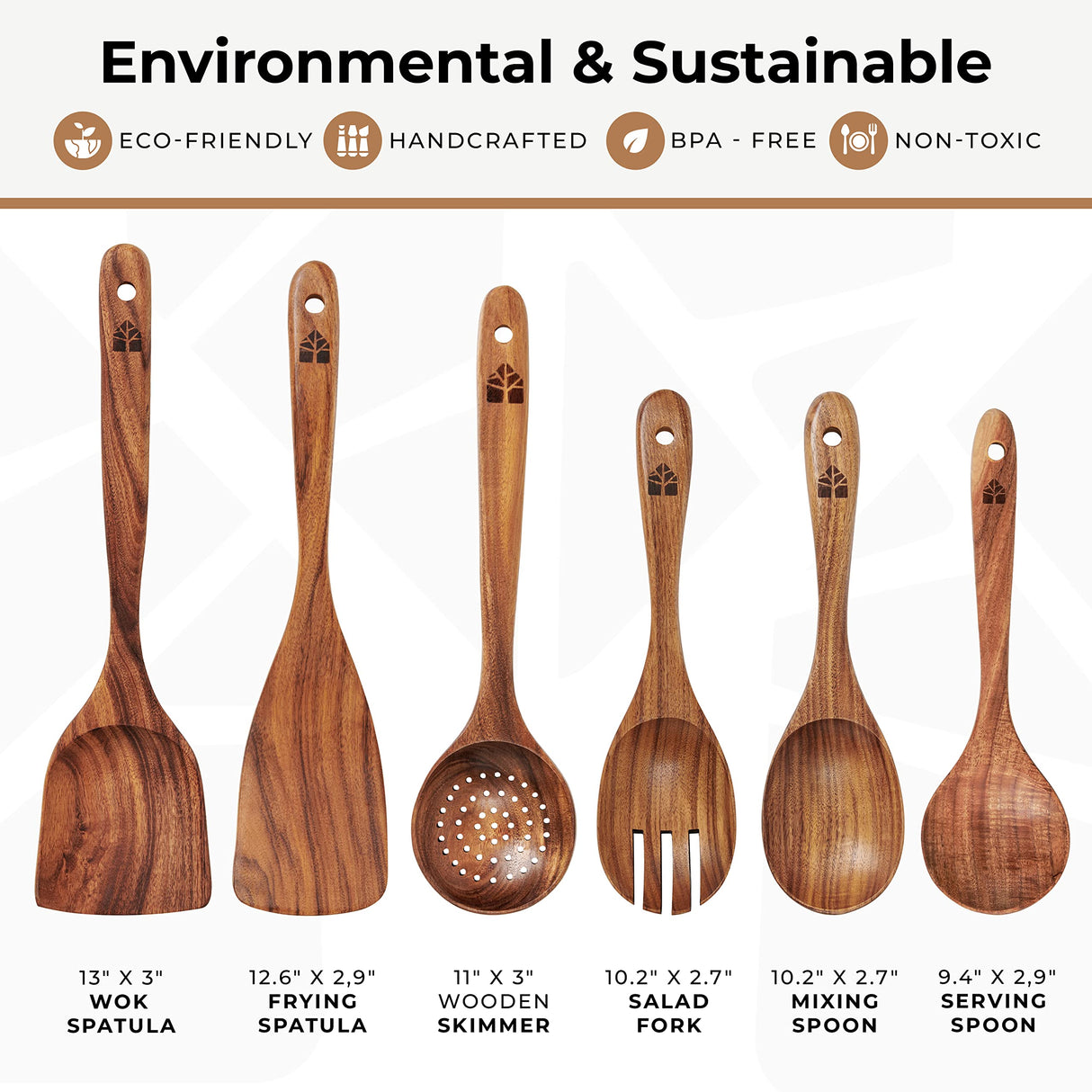 Wooden Spoons for Cooking – Wooden Kitchen Utensils Set, 6 Pcs Teak Wood Utensil Set – Comfortable Grip Non–Stick Wooden Cooking Utensils – Nonstick Natural and Healthy Kitchen Cookware WOODENHOUSE LIFELONG QUALITY