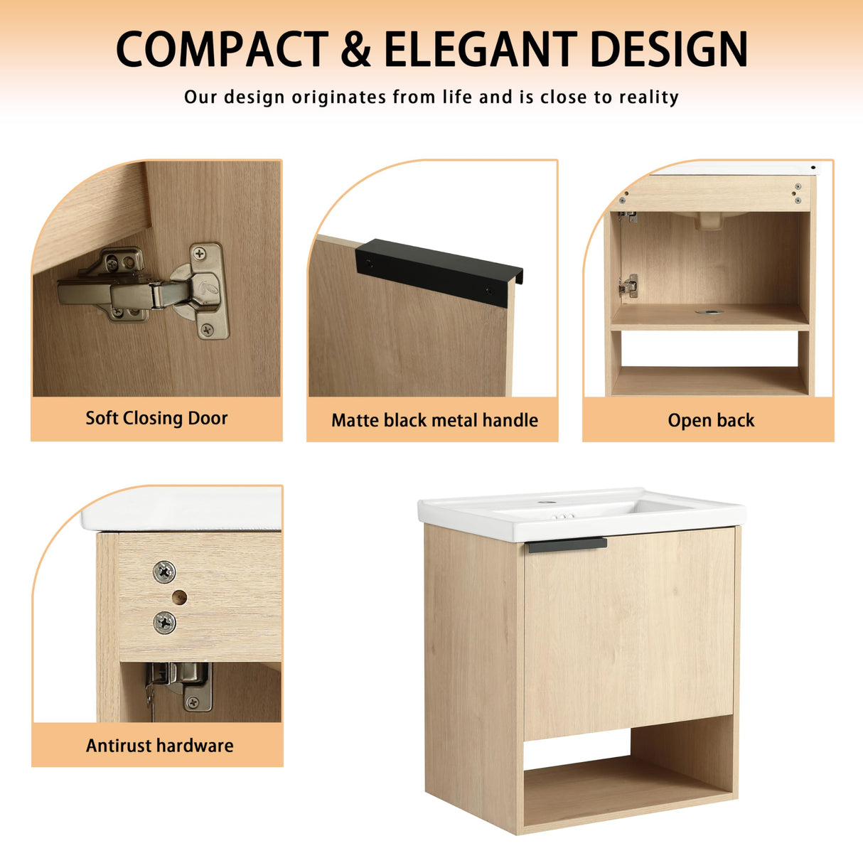 20" Bathroom Vanity with Sink, 20 Inch Floating Bathroom Vanity for Small Space, Single Sink Bathroom Vanity Combo, Modern Bathroom Vanity, Brown Wall Mounted Cabinet Set Mocoastn