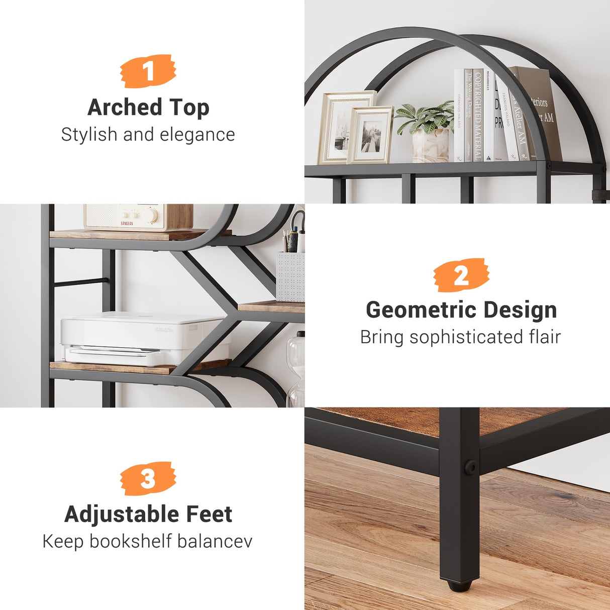 IDEALHOUSE Bookshelf 6 Tier Arched Bookcase 81.7in Tall Display Racks Geometric Open Storage Shelf Unique Book Rack Metal Frame Large Modern Book Shelf for Bedroom, Living Room, Home Office IDEALHOUSE