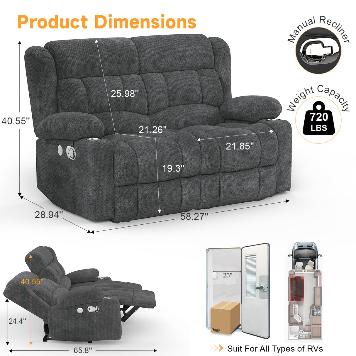 MisUMis RV Loveseat Recliner Sofa, Wall Hugger Reclining Loveseat RV Couch with USB Ports, Cup Holders, Pockets, 150° Adjustable RV Furniture Velvet Fabric Recliners for Travel & Home Theater Seating MisUMis