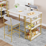 IDEALHOUSE Dining Table Set for 2, Counter Height Kitchen Table and Chairs, Bar Table Set with 2 Velvet Bar Stools, 3 Piece Dining Room Table Set for Small Space, Apartment, Gray Gold White IDEALHOUSE