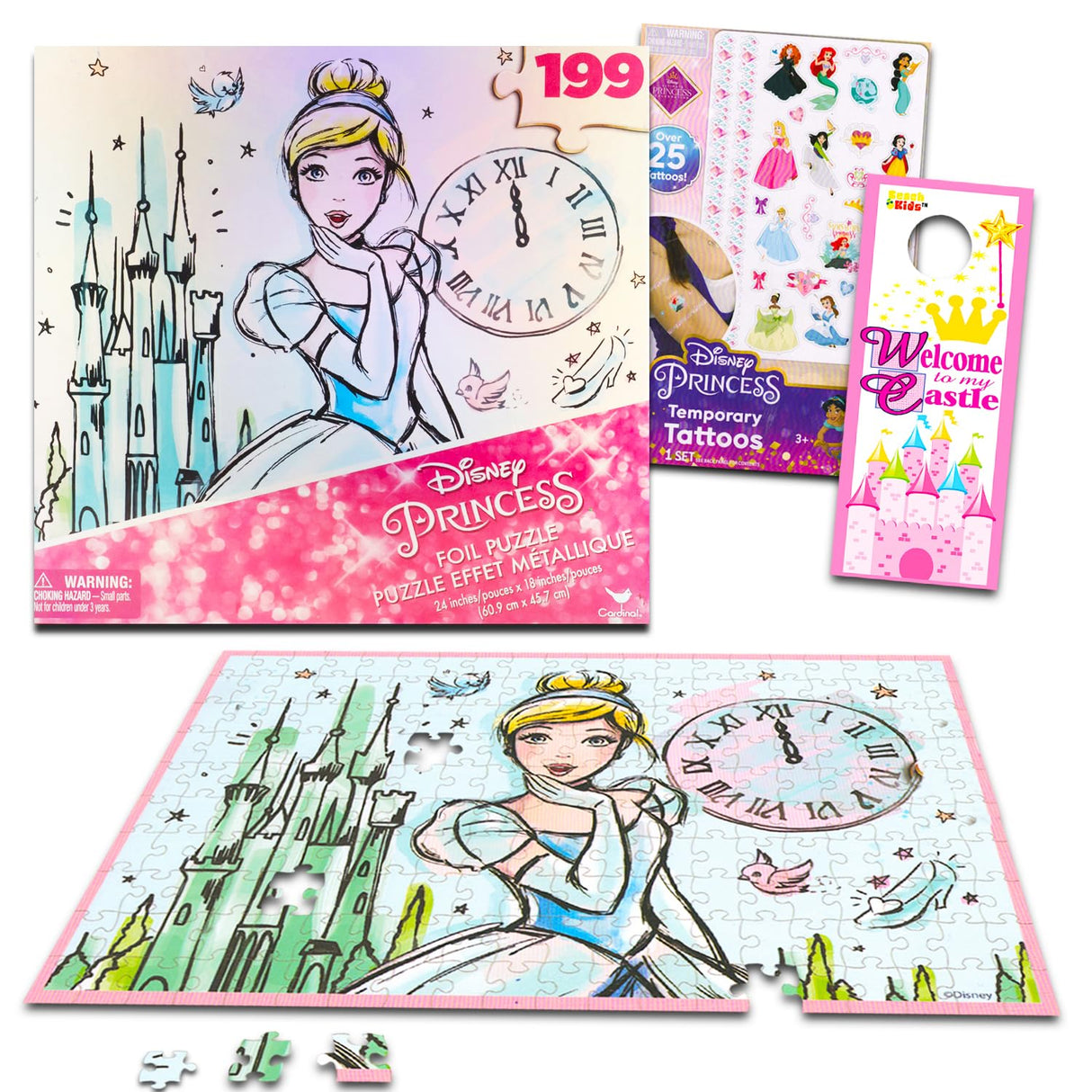 Cinderella Puzzle Set - Bundle with 199 Pc Cinderella Jigsaw Puzzle Plus Tattoos, More | Disney Princess Cinderella Puzzle for Teens, Adults Disney