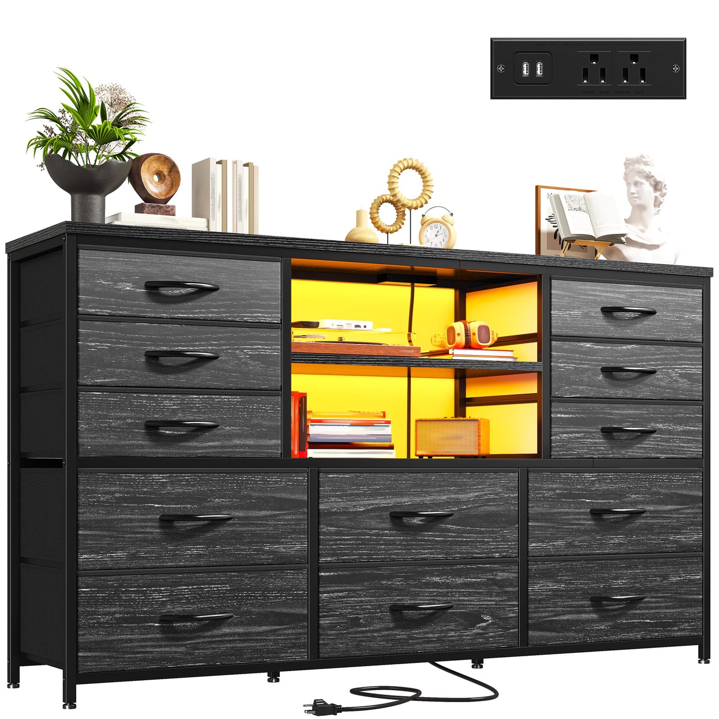 EnHomee Black Dresser with LED Lights & Power Outlets, 12 Drawers Dresser TV Stand for 60''TV for Bedroom Dresser Fabric Dressers & Chest of Drawers, Sturdy Long Dresser for Closet Living Room,Hallway