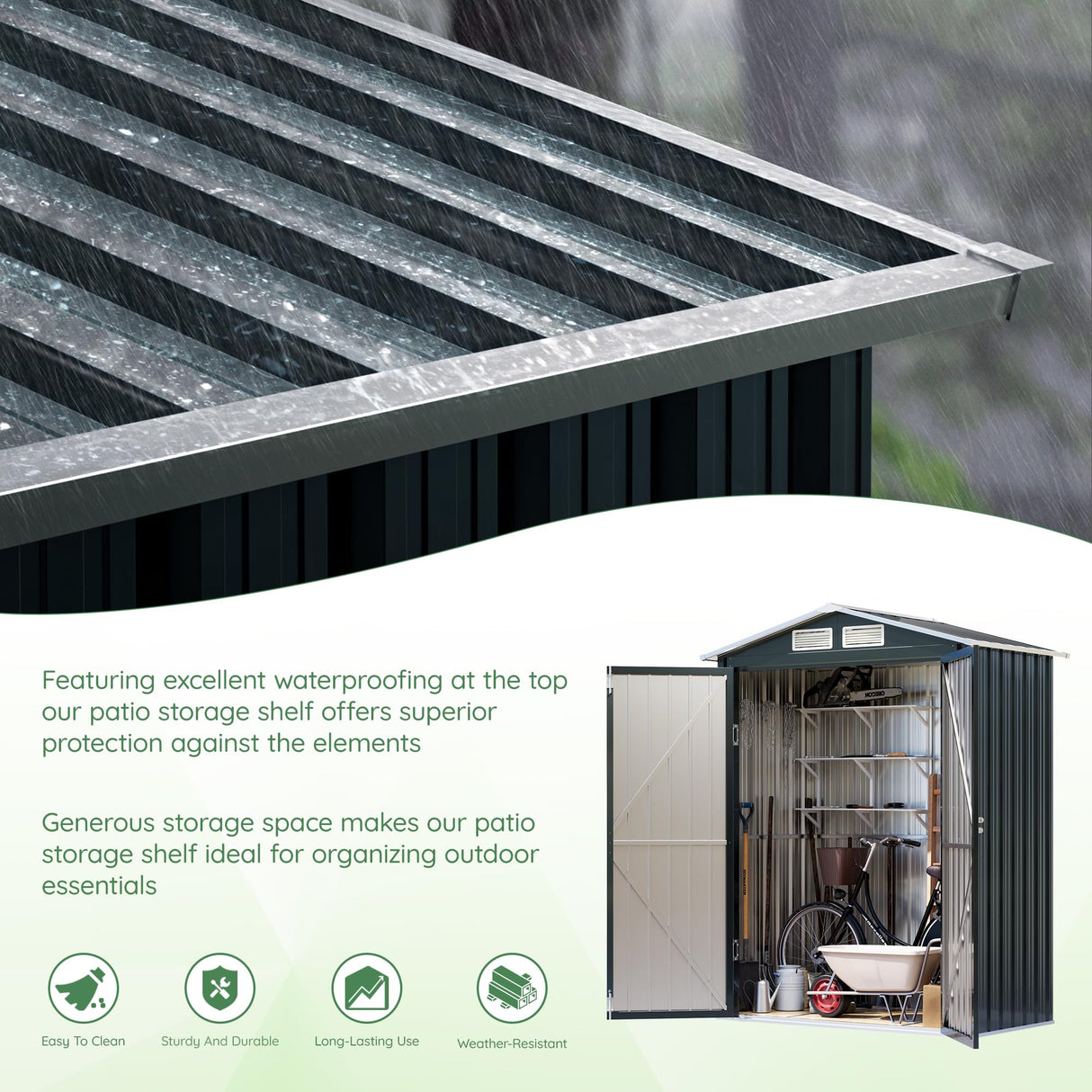 MistMo 5x3X6.3FT Outdoor Steel Storage Shed with Lockable Doors and Frame Floor, Compact Small Bike Shed, Ideal for Garden, Backyard, Swimming Pool, Patio Utility and Tool Storage Mistmo