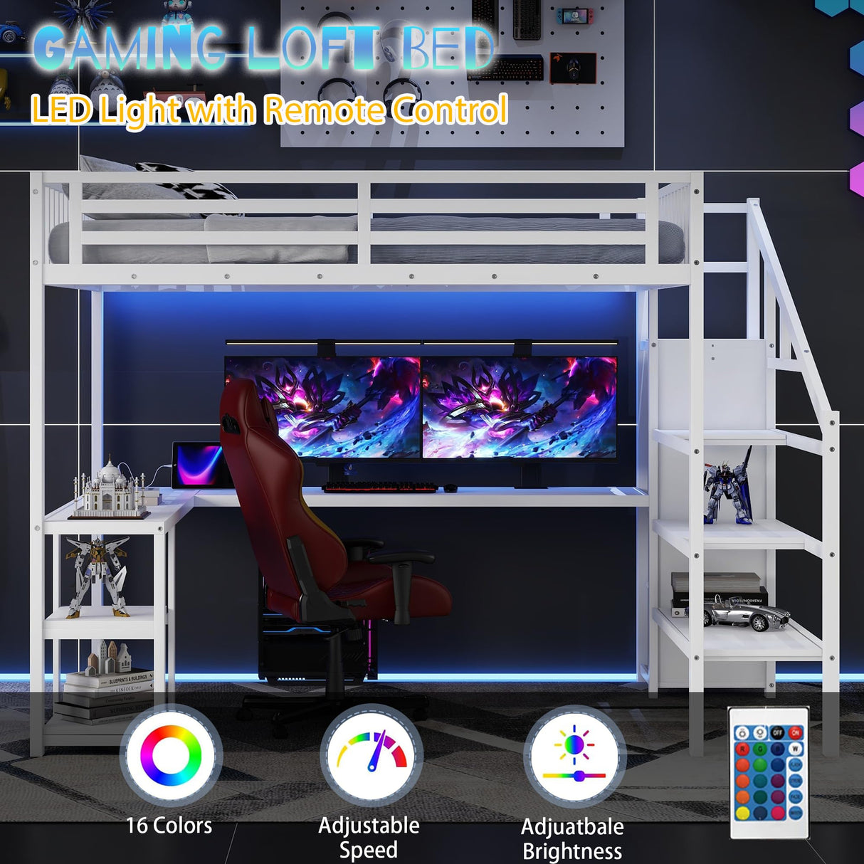 Queen Loft Bed with Stairs and Desk,Heavy Duty Metal Queen Size Loft Bed Frame for Adults with Wardrobe and Shelf, Gaming Bed with LED and USB for Teens Girls Boys,No Noise, White MoproBeti