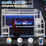 Queen Loft Bed with Stairs and Desk,Heavy Duty Metal Queen Size Loft Bed Frame for Adults with Wardrobe and Shelf, Gaming Bed with LED and USB for Teens Girls Boys,No Noise, White MoproBeti