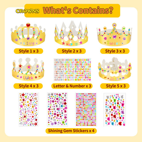 Gold Paper Crowns, 15 Pcs DIY Birthday Party Crowns, King & Princess Crown Hats with Gem Stickers, Letters and Number Stickers for School, Party & Craft Decoration NIUBIER