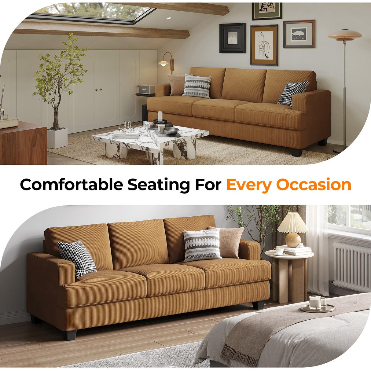 COPIAE 89 Inch Sofa with Extra Deep Seats Oversize, 3 Seater Sofa for Living Room, Modern Couch and Sofa, Comfy Armrests and Seats and Backrests, Easy Installation, Corduroy Fabric Ginger Yellow COPIAE