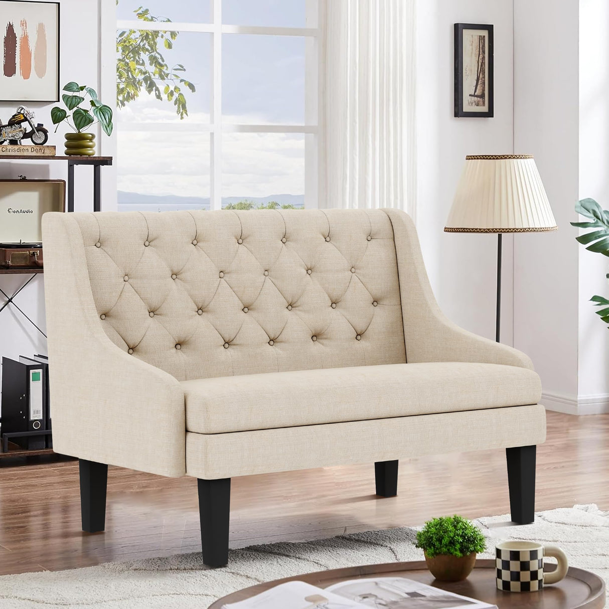 Yongqiang Settee Bench with Back Mini Couch for Dining Room Living Room Entryway Modern Upholstered Banquette Button Tufted Loveseat Sofa with Wood Legs Cream Yongqiang