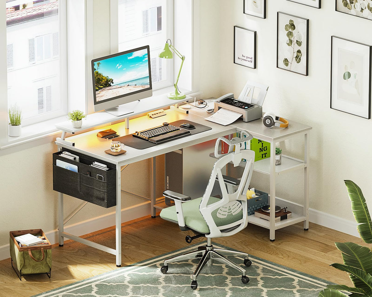 ODK 48 Inch Gaming Desk with USB Charging Ports and LED Lights, Reversible L Shaped Computer Desk with Storage Shelves & Monitor Stand, Corner Home Office Desk Table with Power Outlets, White ODK