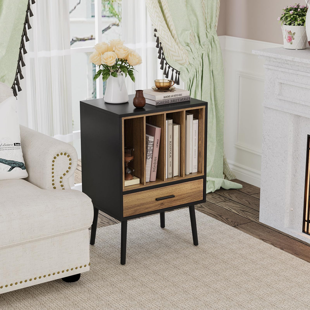 Semiocthome Record Player Stand with Nesting Vinyl Storage Crate, Record Player Table with a Drawer and Solid Wood Legs, Side End Table for Turntables for Living Room Bedroom Semiocthome