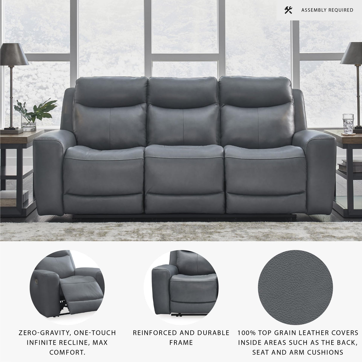 Signature Design by Ashley Mindanao Contemporary Leather Match Upholstered Power Reclining Sofa with Adjustable Headrest and USB Ports, Gray Signature Design by Ashley