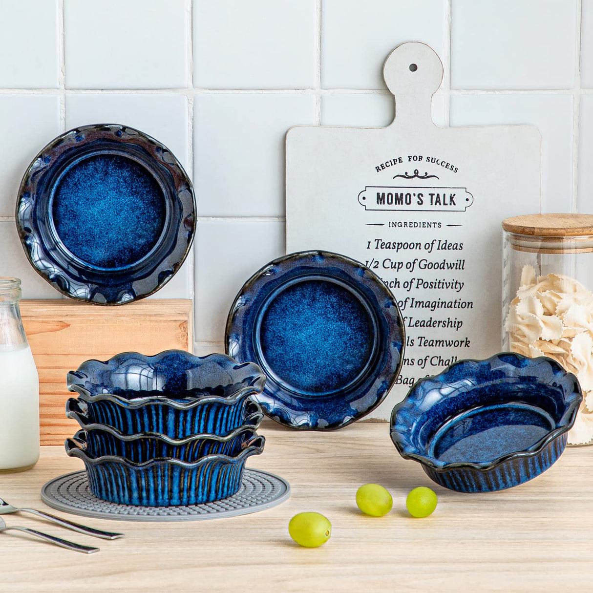 vancasso Mini Pie Pans Set of 6, 5.2 Inch Ceramic Deep Dish Pie Plates with Ruffled Edge for Baking, Microwave & Oven Safe, Blue vancasso