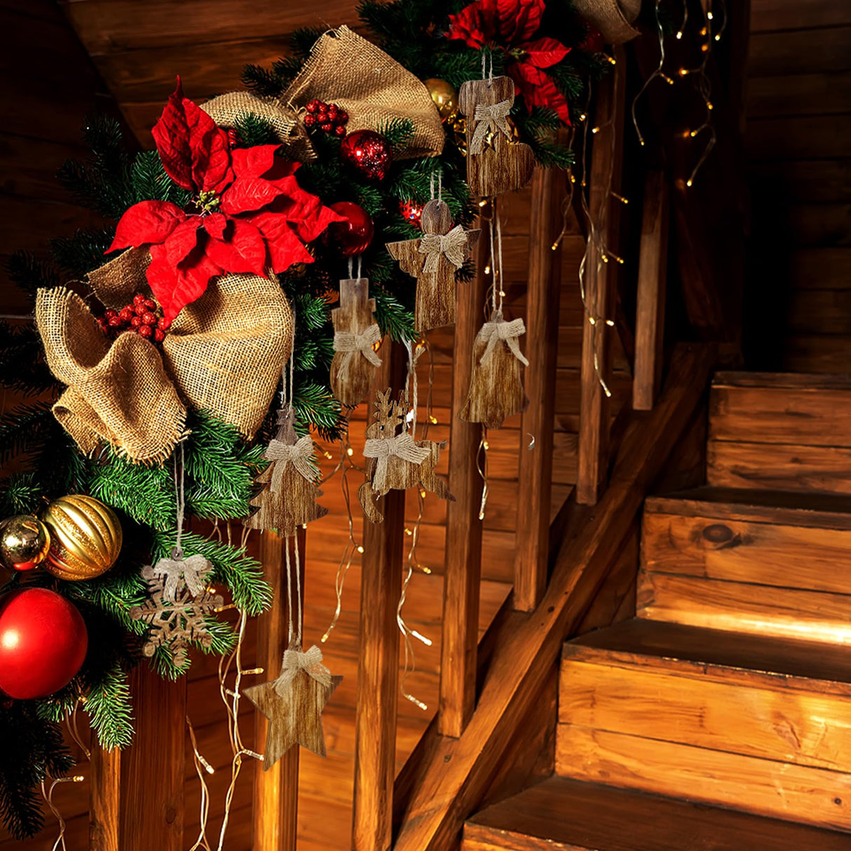 Lineshading 8 Pcs Rustic Christmas Tree Ornaments Xmas Angles Snowflake Wood Ornaments Angel Snowman Farmhouse Wood Decorations Christmas Tree Hanging Ornaments for Home Winter Party Lineshading