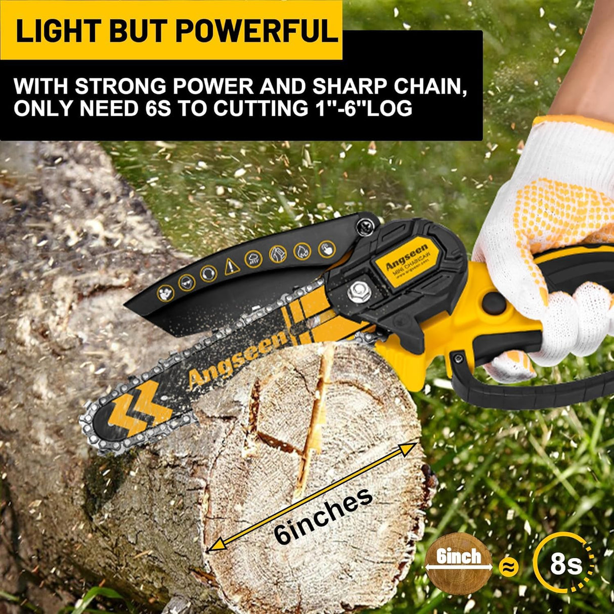 Mini Chainsaw Cordless 6 Inch, Chainsaw with 2 Batteries & 2 Chains, Lightweight Cordless Chain Saw with Safety Lock for Tree Trimming, Branches, Wood Cutting ANGSEEN