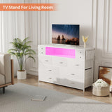 DRAWERHOM Dresser TV Stand with Power Outlets and LED Lights for 55'' TV, 11 Drawers Dresser with Side Pocket, Fabric Chest of Drawers with PU Finish, Sturdy Frame & Wood Top (White) DRAWERHOM