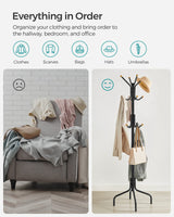SONGMICS Coat Rack Freestanding, Metal Coat Rack Stand with 12 Hooks and 4 Legs, Coat Tree, Holds Clothes, Hats, and Bags, for Entryway, Living Room, Bedroom, Classic Black URCR031B01 SONGMICS