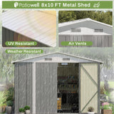 Patiowell 8x10 FT Outdoor Storage Shed, Large Garden Tool Metal Shed with Sloping Roof and Double Lockable Door, Outdoor Sheds for Backyard Garden Patio Lawn,Grey Patiowell