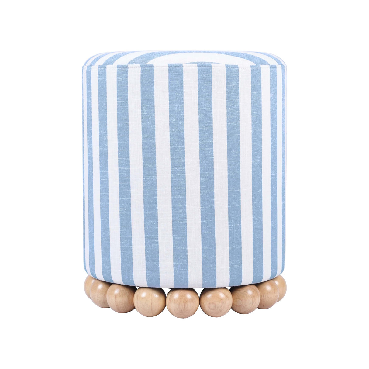 Tov Furniture Dex Pastel Blue Striped Linen Round Ottoman with Wooden Base Tov Furniture