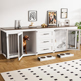 Rophefx 94.5" Dog Crate Furniture for 2 Dogs, Large Dog Kennel Furniture with 3 Storage Drawer, Wooden Dog Cage with 4 Bowls, Indoor Dog House TV Stand with Locks for Large Medium Dog, White Rophefx