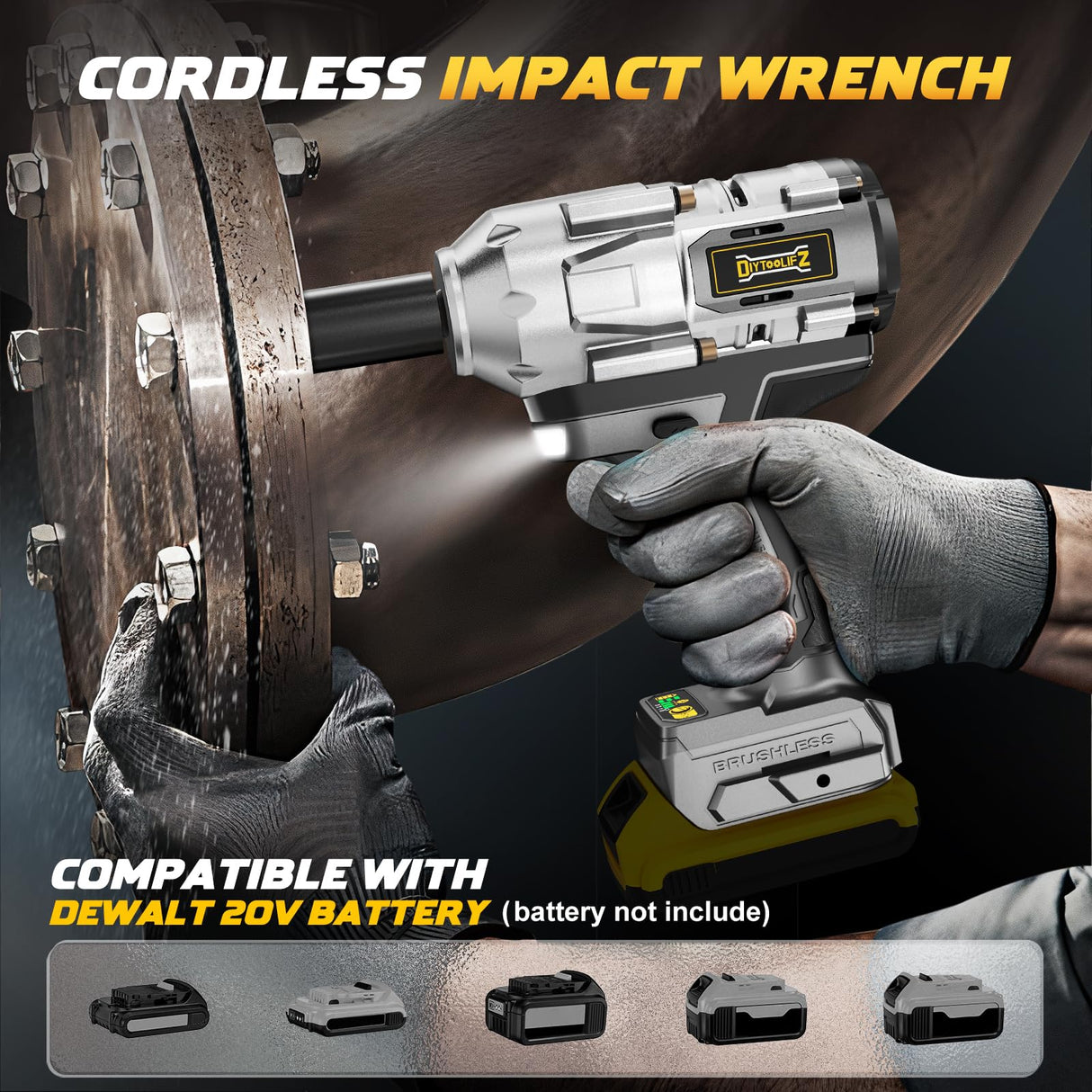 Cordless Impact Wrench 1/2 inch for DeWalt 20v Battery, Impact Wrench 900Ft-lbs(1200N.m) High Torque Brushless Electric Impact Gun, Power Impact Driver with 4-Mode Speed, LED Work Light(no battery) DIYtoolifz