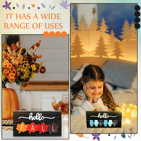 Roowest 5 Pcs Hello Fall Sign Interchangeable Seasonal Sign Spring Summer Winter Tiered Tray Decor 5.9 x 3 Inch Wooden 4 Seasons Farmhouse Table Centerpiece Decoration for Home Shelf Office(Basic) Roowest