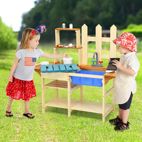 Costzon Wooden Kids Kitchen Playset, Indoor Outdoor Pretend Mud Kitchen Set for Toddler, Play Kitchen Toy w/Simulated Faucet, Shelves, Removable Board, Toy Kitchen Set for Girls & Boys Age 3+ Costzon