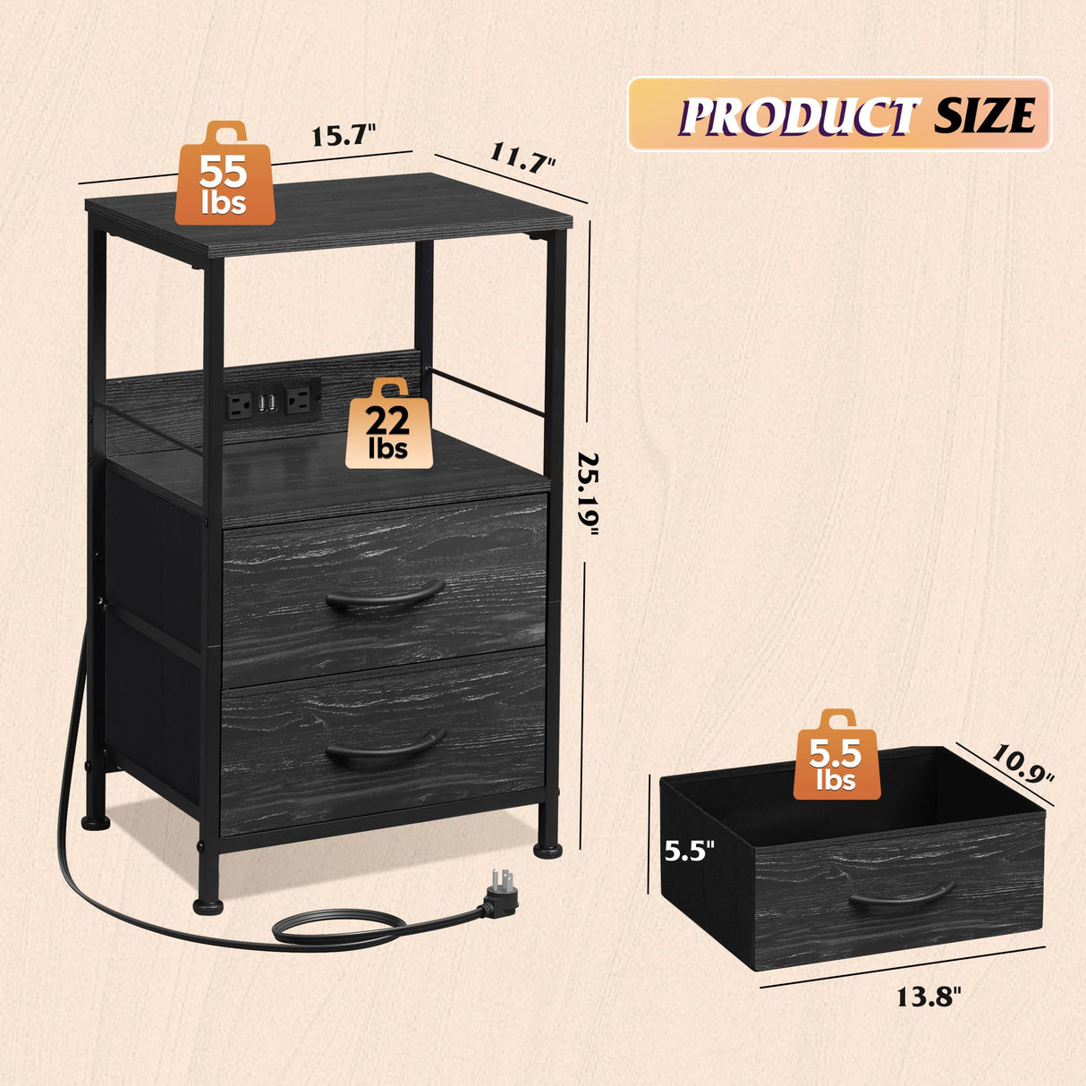 WLIVE Night Stand with Charger Station, LED Nightstand for Bedroom, Small Dresser with 2 Fabric Drawers for Small Spaces, Bed Side Table, Charcoal Black and Wood Grain Print WLIVE