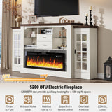 85" Electric Fireplace with Mantel, Fireplace TV Stand w/ 42" Electric Fireplace for 65 Inch TVs with Power Outlets, Farmhouse Entertainment Center with Storage for Living Room, Bedroom, Antique White Hlivelood
