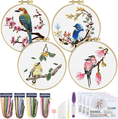 ERKOON 4 Sets Embroidery Kit for Beginners,Hummingbird and Flower Cross Stitch Set for Include Embroidery Cloth Hoops Threads for Craft Lover Hand Stitch (Flowers and Birds)