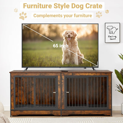 Rovibek 75'' Double Dog Crate Furniture for 2 Large Dogs, Heavy Duty Dog Crate, Furniture Style Dog Crate End Table, Wood Crates for Dogs Kennel Indoor, Decorative Dog Crate with Double Door, - WoodArtSupply