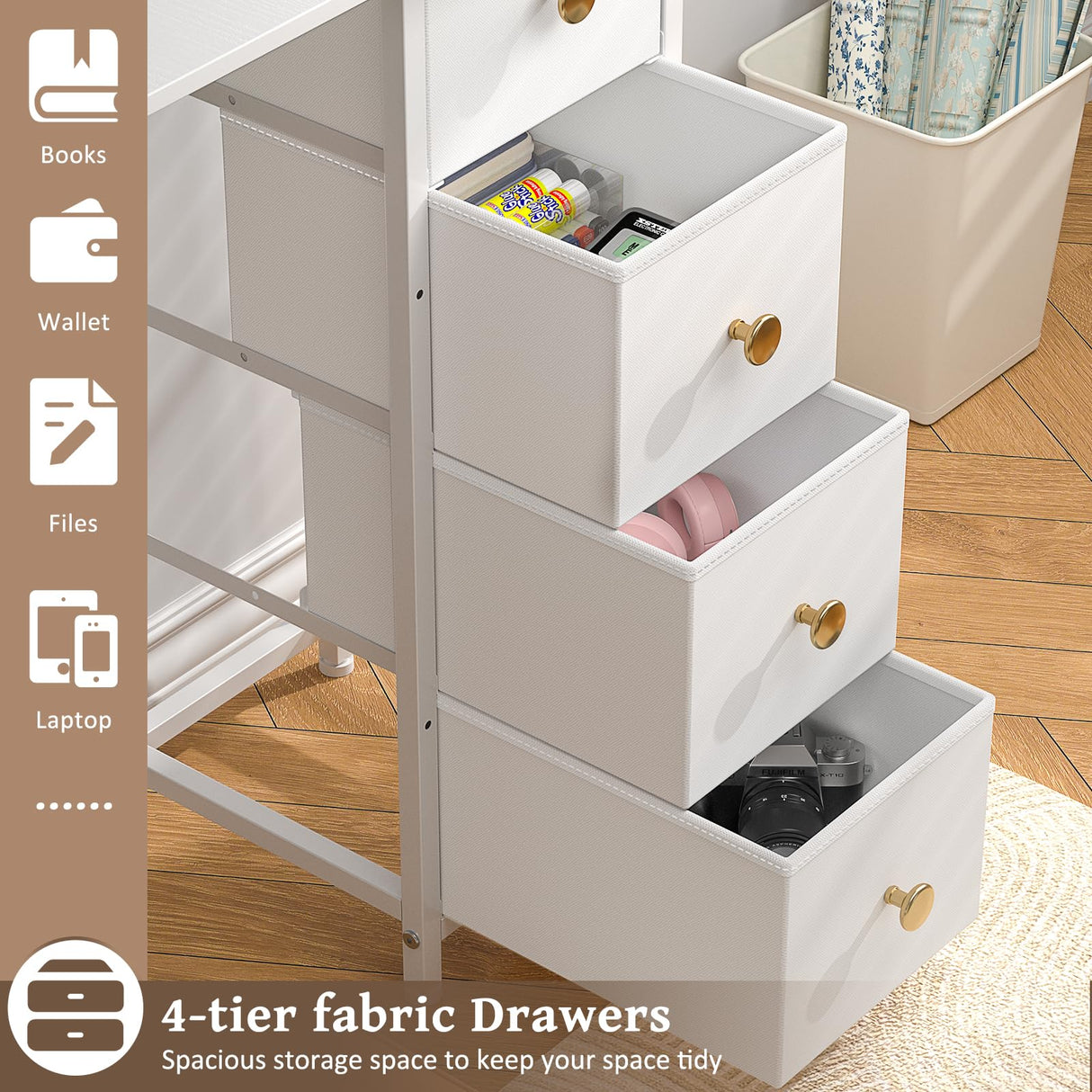 DAOUTIME Small Writing Desk with 4 Fabric Drawers, 35.4 Inch Computer Desk for Home Office, Simple PC Desk for Small Places, Kids Girls Teen Study Table for Bedroom Dorm, White DAOUTIME