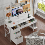 Korfile Computer Desk with Hutch, White Gaming Desk with Power Outlets & LED Ligthts & 5 Fabric Drawers, Home Office Desk with 2 Tiers Storage Shelves for Display, 47" PC Gamer Table for Bedroom Korfile