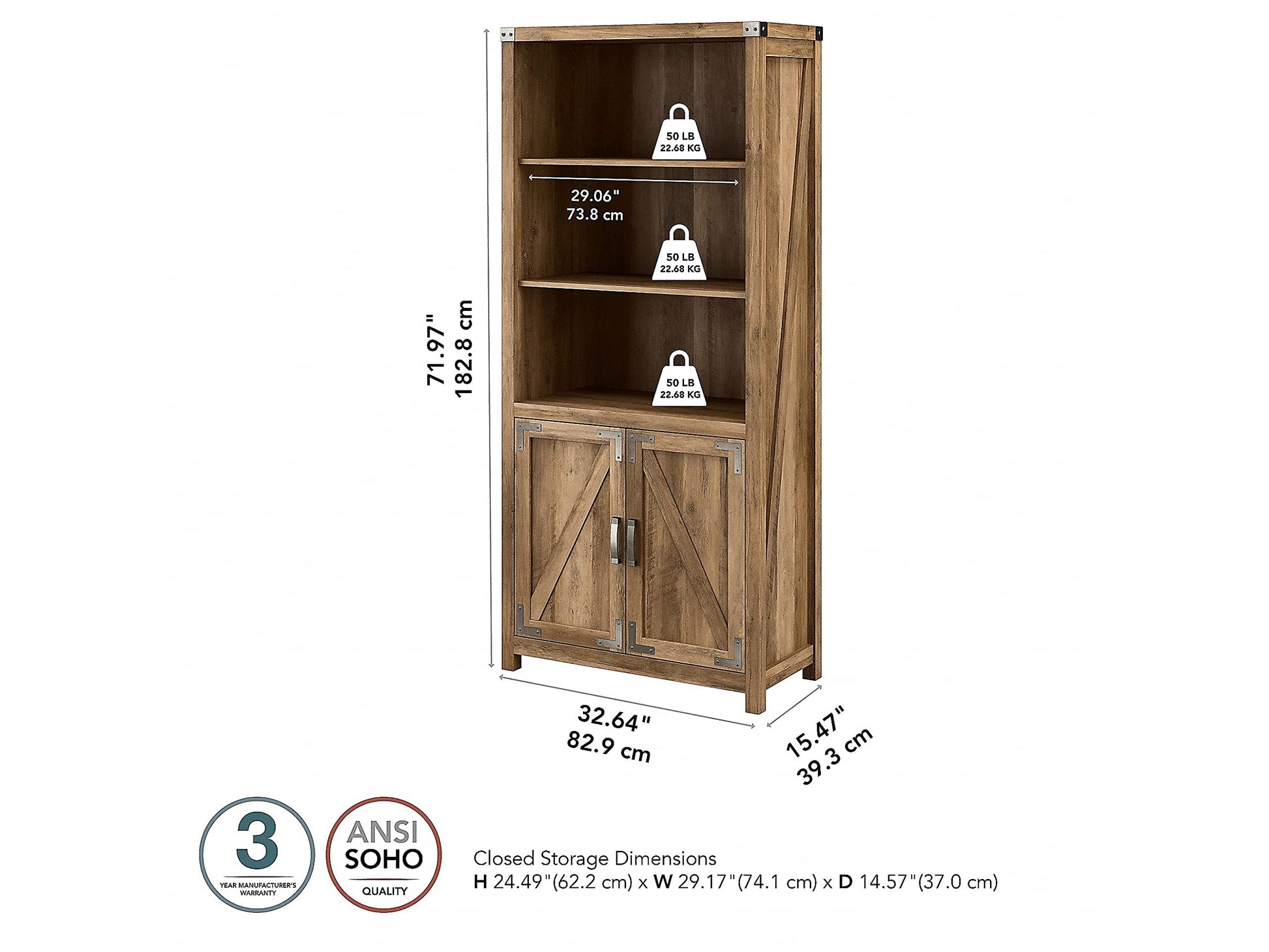 Kathy Ireland Home by Bush Cottage Grove 72-Inch Tall Bookcase with Doors in Reclaimed Pine - WoodArtSupply